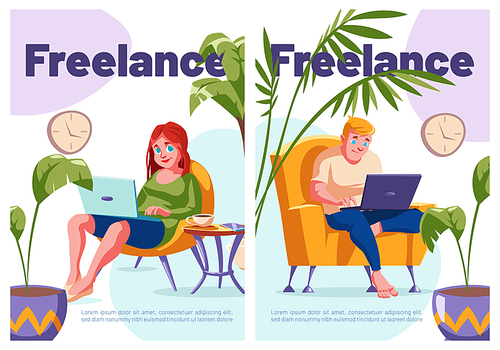 Freelance cartoon posters, relaxed freelancers characters work from home distantly. Remote outsource job, self-employed man and woman with laptops and coffee sit in armchairs, vector illustration