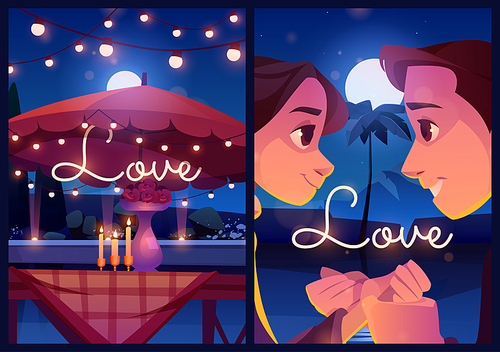 Summer love cartoon posters, loving couple outdoor dating with flowers on table and glowing candles at night. Man and woman holding hands, romantic relations, romance, togetherness Vector illustration