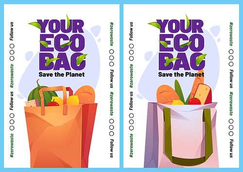 your  bag cartoon posters or mobile onboard screens. paper and cotton shopping packs with grocery. reusable package with fresh food, fruits, vegetables, cheese and bread. save planet vector concept