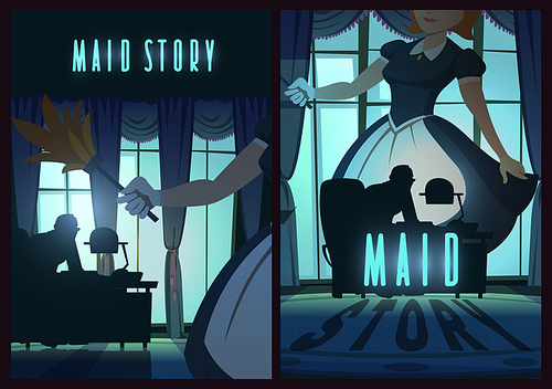 Maid story poster with woman in apron and man silhouette at desk in night office. Vector banner of mystery story with cartoon illustration of girl housemaid with feather duster and person in dark room