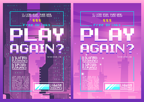Play again pixel art posters for night or gaming club event with neon ultraviolet futuristic buildings and loading slider. Free drinks promotion. Retro design invitation flyers, Cartoon illustration