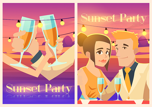 Sunset party posters with happy couple with wine glasses on sea coast. Vector invitation flyers of evening beach party with cartoon illustration of man and woman on background of pink ocean and sky