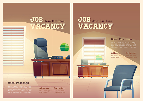 Job vacancy cartoon posters, we are hiring. Vacant chair in principal office. Work hire announcement for candidates, head hunting, Human resource research, employment and recruiting Vector concept