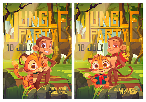 Jungle party flyer, invitation card to kids entertainment event with cartoon funny monkey and tiger cub in rainforest. Amusement with wild nature exotic animals at tropical forest, vector illustration