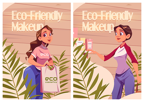 Eco friendly cosmetics cartoon ads posters. Women in beauty store choose makeup or skincare production, girl holding bag with makeup in shop with cosmetic products on shelves, Vector illustration