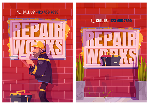 Repair works cartoon ad posters. Builder with tool box filling brick wall gaps with foam gun. Home maintenance service, worker in uniform doing house renovation, fixing window, Vector illustration