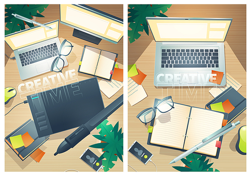 Creative time posters with top view of designer workspace. Vector flyers with cartoon flat lay of creative artist workplace with laptop, graphic tablet, notebook and mobile phone