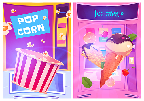 Pop corn and ice cream snacks at vending machine cartoon ad posters. Sweet desserts shop, product retail business, vendor automated booths with slots and glowing digital display, Vector illustration