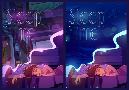 Sleep time posters with woman naps and sees dreams. Vector banners with cartoon illustrations of girl sleeping in bed under blanket, top view of city street and underwater sea life