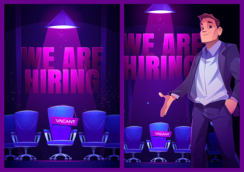 We are hiring posters with empty chair and hr manager. Vector banners of job vacancy, hire staff with cartoon illustration of businessman recruits employee to vacant seat