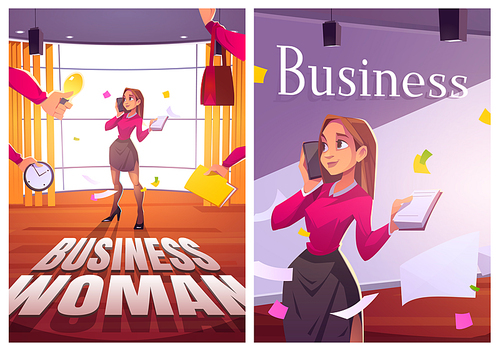 Business woman work in office cartoon posters, multitasking businesswoman with smartphone and notepad, hands holding working items in messy cabinet with flying paper documents, vector illustration