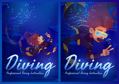 Diving instructors professional service, scuba club ad posters. Diver girl explore sea, woman wear costume, flippers, mask and tube underwater ocean floating, extreme sport school, cartoon vector ads
