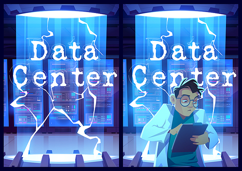 Data center posters with man engineer in room with server hardware. Vector flyers of database technology, cloud service with cartoon illustration of technician with clipboard and racks with hardware