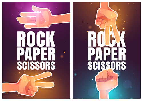 Rock, paper, scissors posters with palm and hands in fist and victory symbol. Vector banners of hand gesture game with cartoon illustration of human arms playing in gesturing game