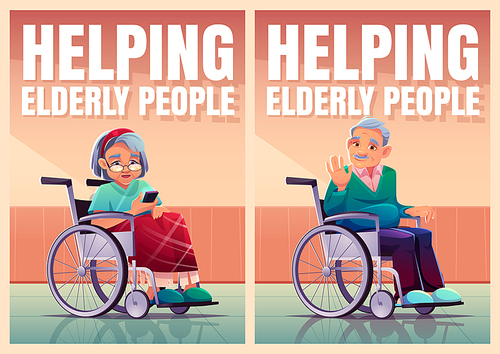 helping elderly people posters with old persons sitting in .. vector banner of aid and care for senior people with cartoon illustration of retired man and woman
