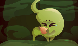 Cartoon stomach nausea and vomiting, unhealthy character of green color breathing in paper bag, Food poisonous, pregnancy medicine concept with cute mascot swollen abdomen organ Vector illustration