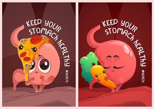 Keep your stomach healthy cartoon posters with cute funny tummy character hug carrot and suffer of fast food overeat. useful and unhealthy nutrition, dieting, digestion system, Vector illustration