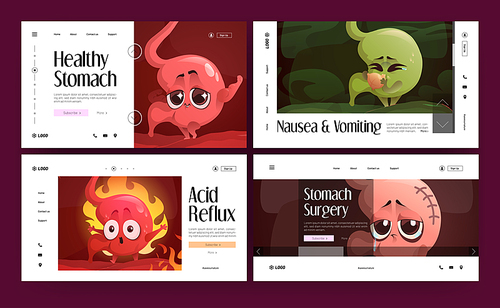 Stomach health banner with cute abdomen organ character. Vector landing page of human digestion system problems with cartoon illustration of stomach with nausea, surgery scar and acid reflux