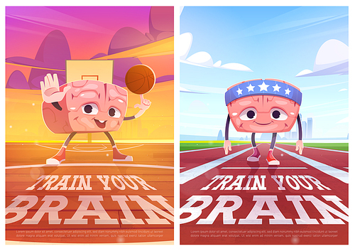 Train your Brain cartoon posters with marrow sportsman character racing on stadium and playing basketball. Mind or intelligence development, cute pericranium mascot sport exercise Vector illustration