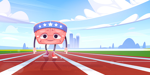 Cartoon Brain sportsman character training on stadium prepare for race marrow racing competition. Mind, iq and intelligence development, cute pericranium mascot sport exercise Vector illustration