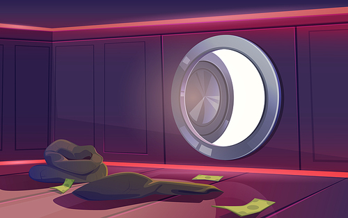 Bank vault room with open door, some dollar banknotes and empty sacks lying on floor, sun light falling into inner safe area, view from inside. Robbery or economics crisis Cartoon vector illustration