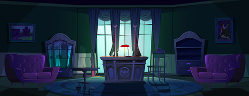 Oval office in White house at night. Vector cartoon empty interior of american presedent cabinet with vintage furniture, leather chair, retro wooden clock, flag of USA and lamp lighting desk