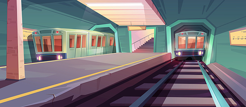 Metro station, arriving train to empty subway platform from underground tunnel. Vector cartoon illustration of subway interior with railway and public electric transport, platform and stairs