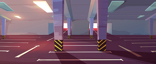 Underground car parking. Empty basement garage with columns, road marking lots for automobiles and guiding arrows in corridor. Vector cartoon interior of parking in mall or city house