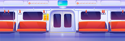 Subway train car inside. Empty metro wagon interior. Vector cartoon illustration of underground railway carriage with closed doors, comfortable passenger seats and handrails. City public transport
