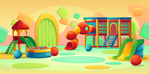 Kids playground in play park with spiral tube slide, houses and ball pool. Vector cartoon empty interior of amusement center, daycare or kindergarten for kids