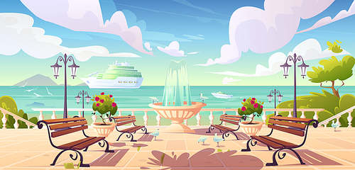 Summer seafront with cruise ship and powerboat in ocean, cartoon quay with fountain, benches and vintage fence. Vector sea landscape with empty promenade, decorative trees, street lamps and gulls