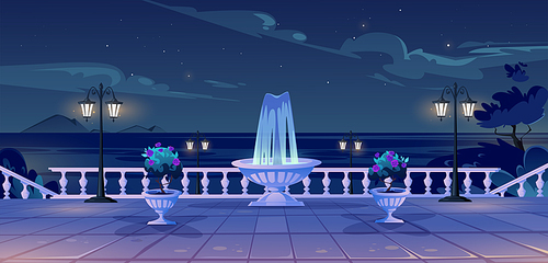 Summer seafront at night time, empty quay with ocean view, fountain, decorative trees, street lamps and vintage fence. Sea nighttime landscape with promenade on resort, Cartoon vector illustration