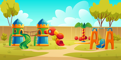 Kids playground in summer park, garden or backyard with carousel, spiral tube slide and swing. Vector cartoon illustration of kindergarten play ground, castle with slides on green lawn