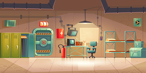 Underground bunker, empty bomb shelter control room, headquarters base for survival. Secret scientific laboratory command post with control panel, furniture, radio station cartoon vector illustration