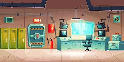 Underground bunker interior with lockers, control panel with monitors, armored door. Vector cartoon illustration of bomb shelter for survival under nuclear war. Secret science base or lab