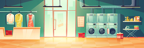 Public laundry or dry cleaning with laundromat washing machines, dryers, counter desk with hanger for clean clothing wrapped into cellophane. Empty room with glass door, Cartoon vector illustration