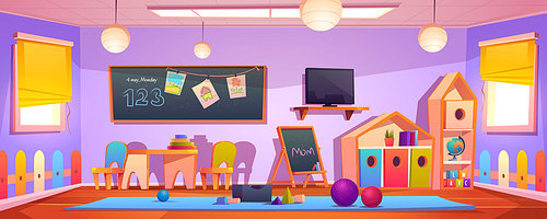 Kids playroom interior, empty indoors nursery room playground with montessori wooden toys, furniture and equipment for games, wood house, blackboard and desk for children. Cartoon vector illustration