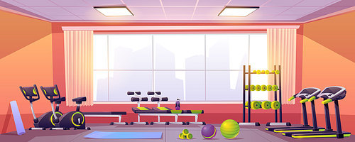 Sport and fitness equipment in gym. Vector cartoon interior of training club with running track, exercise bike, bench, fitness balls, dumbbells and yoga mat. Empty workout room