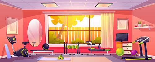 Gym at home, empty room with sports fitness equipment. Domestic interior with treadmill, bench, barbells and balls front of wide window with jalousie, yoga workout stuff. Cartoon vector illustration
