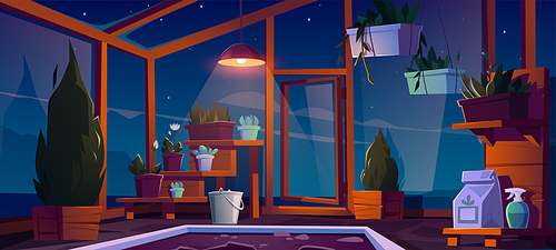 Glass greenhouse with plants, trees and flowers at night. Vector cartoon interior of empty hot house for cultivation and growing garden plants in pots inside. Botanical nursery for greenery