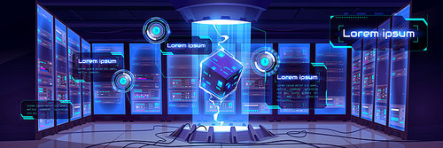 Vector infographic background with cartoon interior of future data center room with server hardware and hologram of processor. Concept of bigdata technology, cloud information base