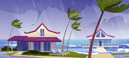 Sea storm with rain and tornado on tropical beach with bungalows and palm trees. Vector cartoon landscape of stormy ocean with waves, villas on coast, wind, hurricane