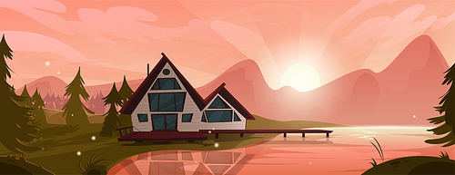 Cottage at mountain lake in forest, wooden house on stilts with pier at pond sunrise scenery landscape. Luxury wood home with terrace, Eco dwelling, hotel, game background, Cartoon vector illustration