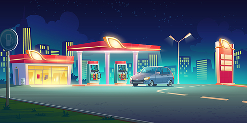 Gas station with oil pump, market and prices display at night. Vector cartoon cityscape with car on fuel filling station on town road. Modern service for refill petrol, diesel or gas