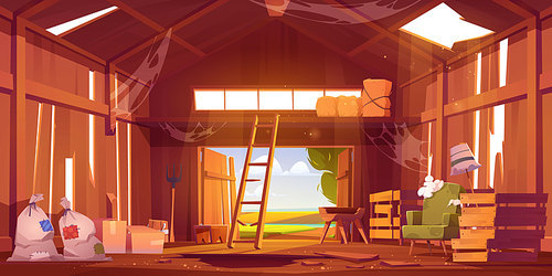 Abandoned barn interior with broken furniture, spiderweb and destroyed floor. Neglected farm house, ranch with haystacks, sacks, fork and open gate, old storehouse building Cartoon vector illustration