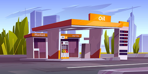 Gas station with oil pump, market and prices display. Vector cartoon cityscape with empty fuel filling station for cars on town road. Modern service for refill petrol, diesel or gas