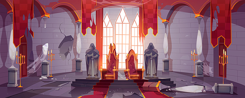 Abandoned medieval castle with gold royal thrones. Vector cartoon interior of old dirty palace with king and queen chairs, stone statues of knights, torn flags and broken columns and floor