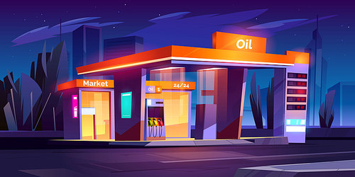 Oil station at night. Noctidial cars refueling service. All day petrol shop and market buildings, price display and pump hoses, fuel selling for urban vehicles, gas refill, Cartoon vector illustration