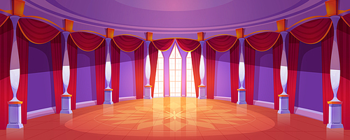 Ballroom interior in medieval royal castle. Vector cartoon illustration of empty round banquet hall in baroque palace with columns, tall windows, red curtains and glossy floor