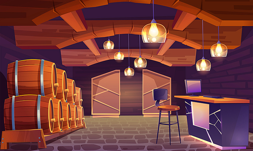 Wine shop, cellar interior with wooden barrels, brick walls and floor, lamps in shape of wineglass. Alcohol beverage store with pc on counter desk and high stool, basement. Cartoon vector illustration